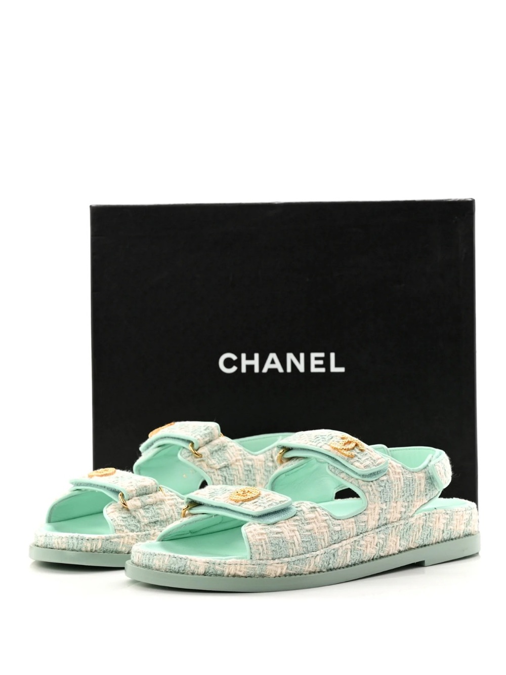 CHANEL Mint Green Tweed Slide Sandals with Gold CC Medallions